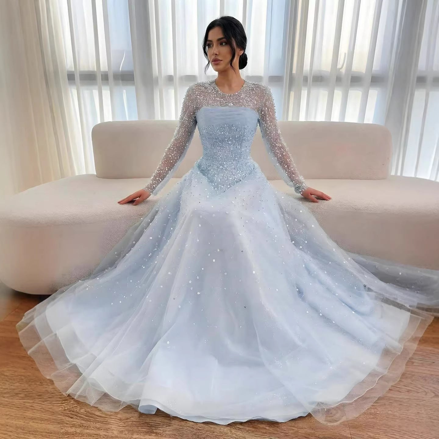 Luxury Arabic Blue O-Neck Beaded A-Line Evening Dress with Long Sleeves LA72009B