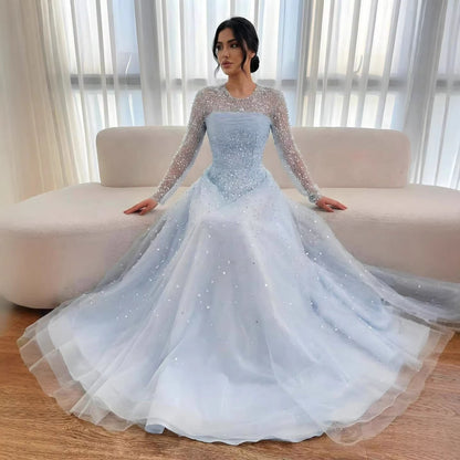 Luxury Arabic Blue O-Neck Beaded A-Line Evening Dress with Long Sleeves LA72009B