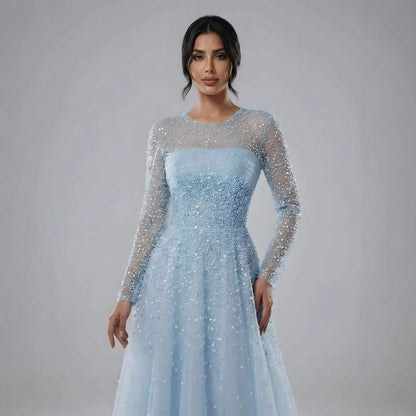 Luxury Arabic Blue O-Neck Beaded A-Line Evening Dress with Long Sleeves LA72009B