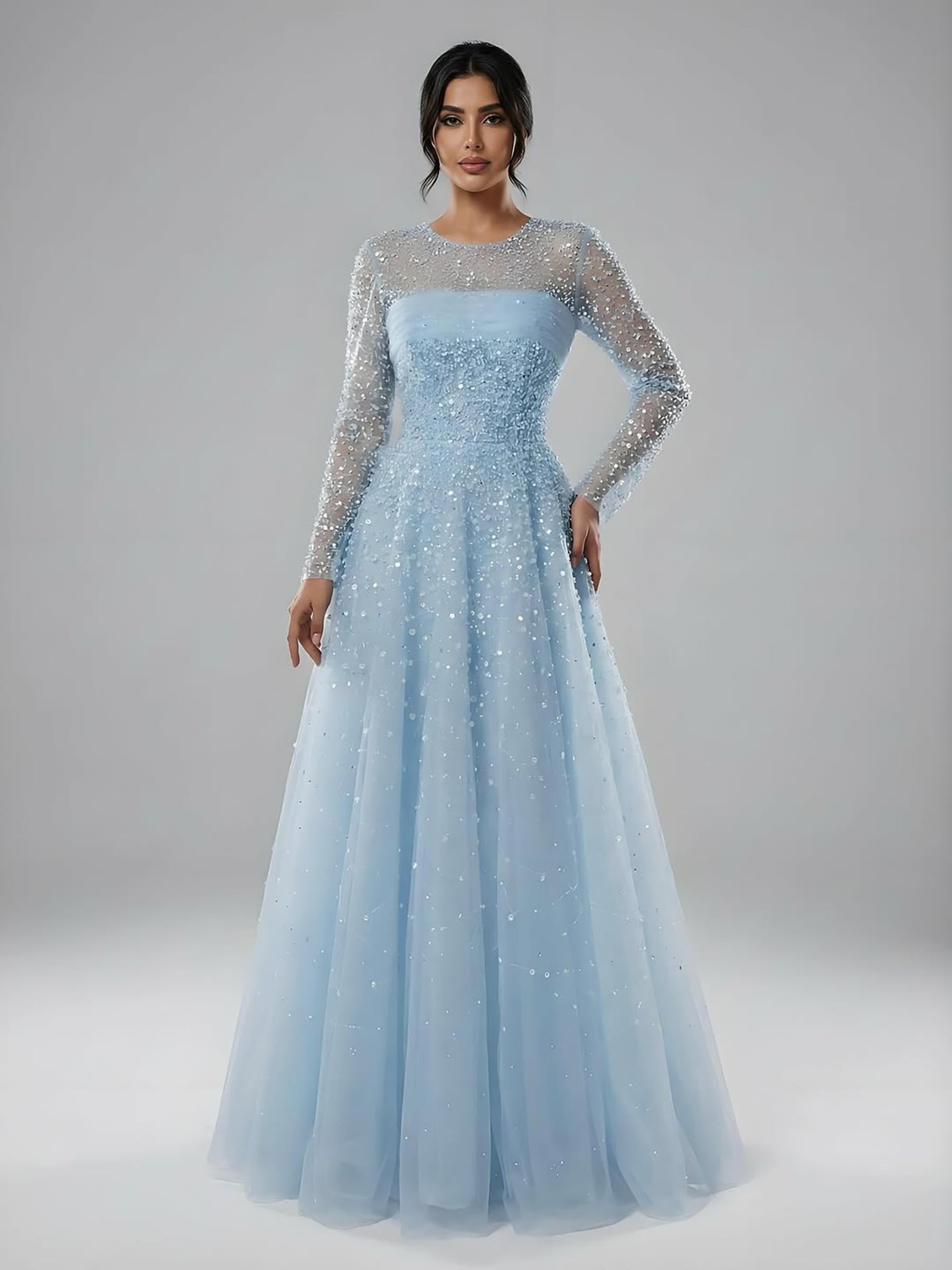 Luxury Arabic Blue O-Neck Beaded A-Line Evening Dress with Long Sleeves LA72009B