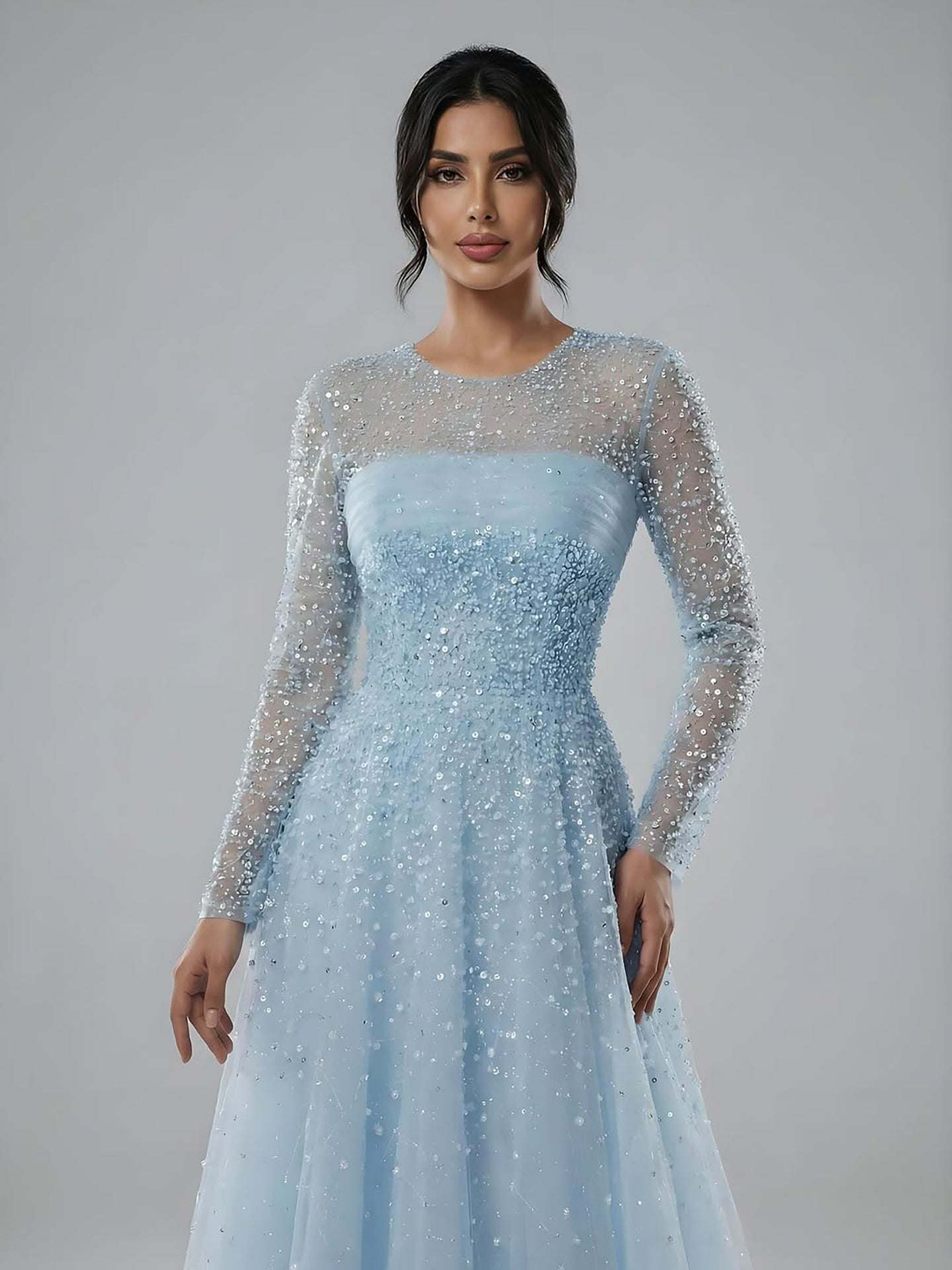 Luxury Arabic Blue O-Neck Beaded A-Line Evening Dress with Long Sleeves LA72009B
