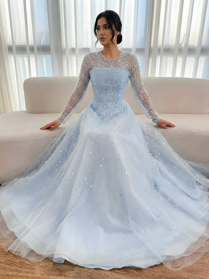 Luxury Arabic Blue O-Neck Beaded A-Line Evening Dress with Long Sleeves LA72009B