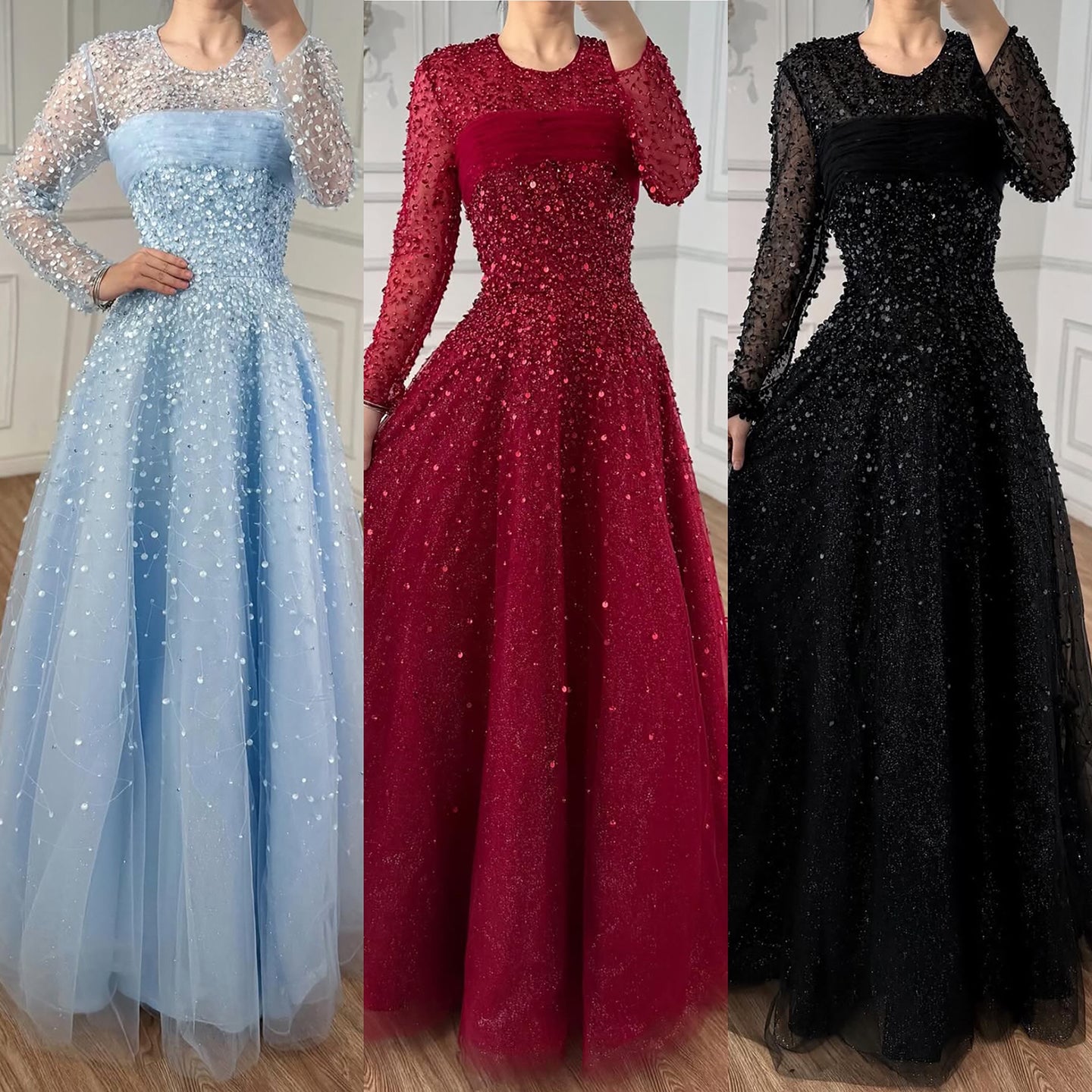 Luxury Arabic Blue O-Neck Beaded A-Line Evening Dress with Long Sleeves LA72009B