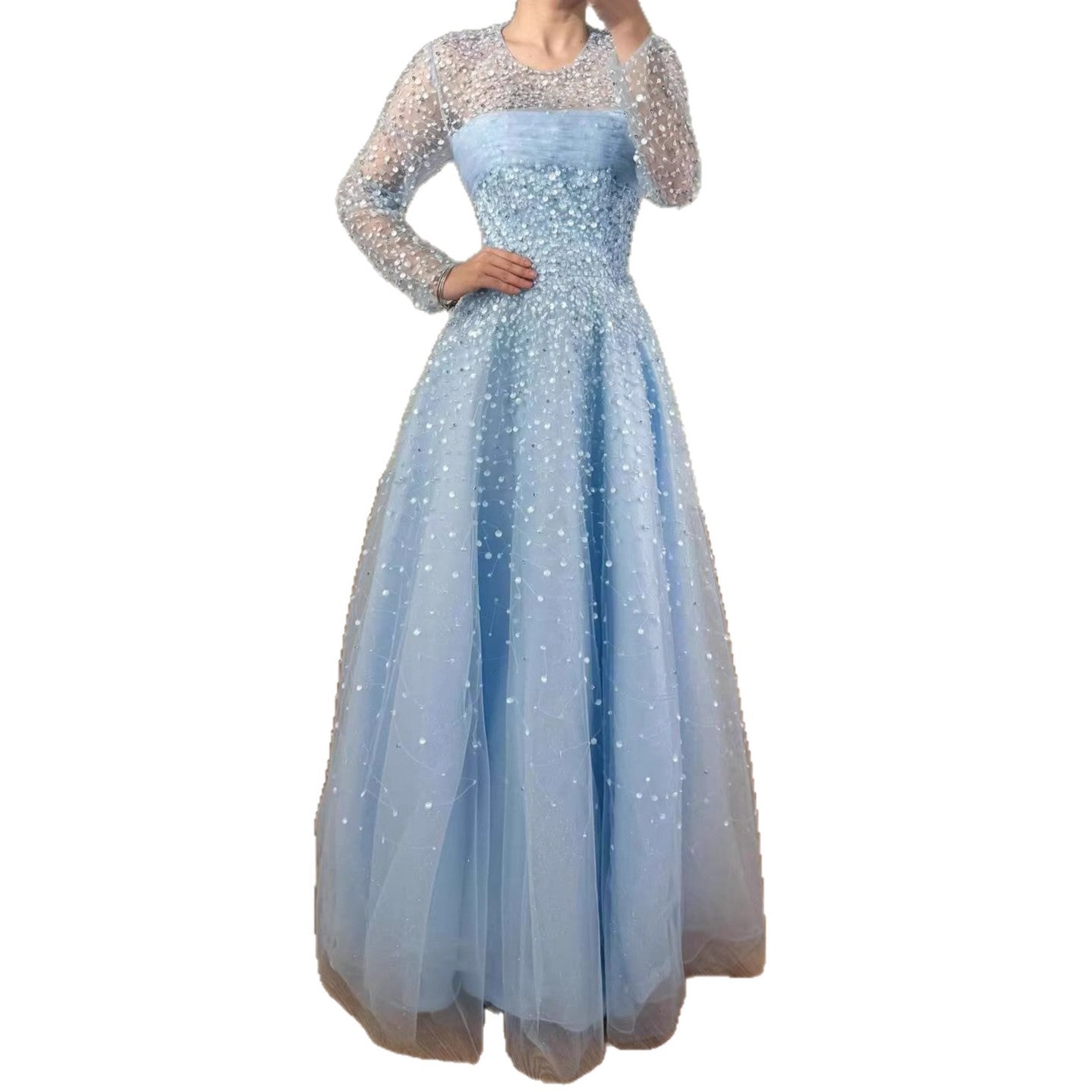 Luxury Arabic Blue O-Neck Beaded A-Line Evening Dress with Long Sleeves LA72009B