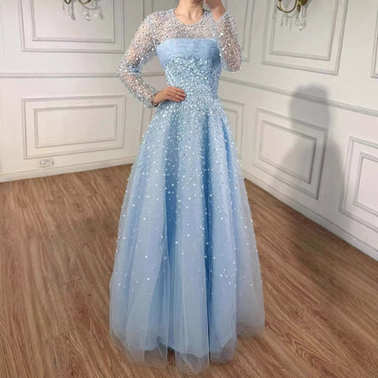 Luxury Arabic Blue O-Neck Beaded A-Line Evening Dress with Long Sleeves LA72009B