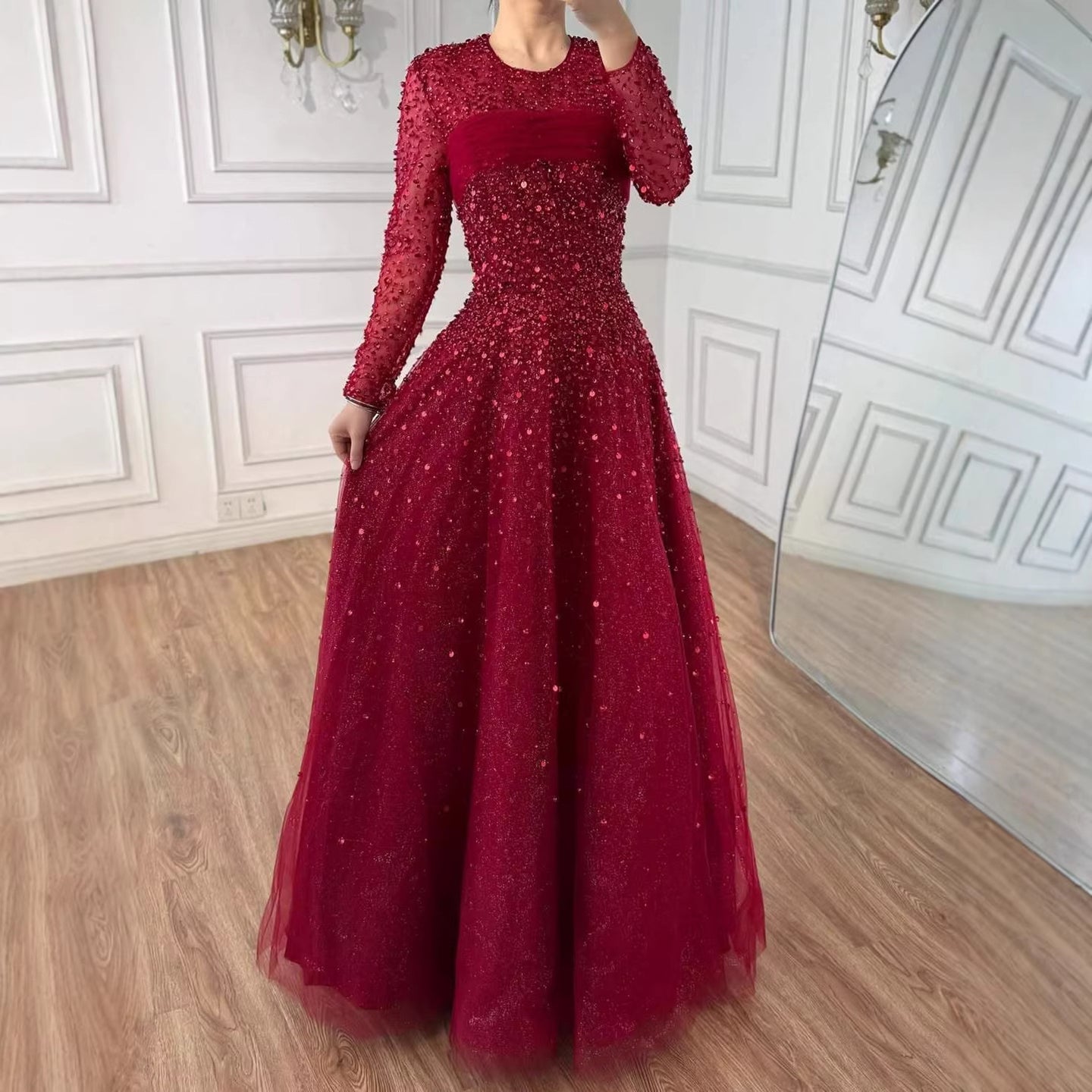 Luxury Arabic Blue O-Neck Beaded A-Line Evening Dress with Long Sleeves LA72009B