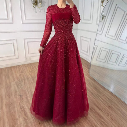 Luxury Arabic Blue O-Neck Beaded A-Line Evening Dress with Long Sleeves LA72009B