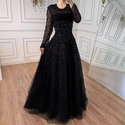 Luxury Arabic Blue O-Neck Beaded A-Line Evening Dress with Long Sleeves LA72009B