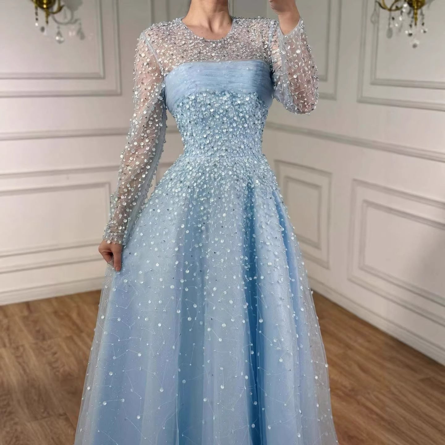 Luxury Arabic Blue O-Neck Beaded A-Line Evening Dress with Long Sleeves LA72009B
