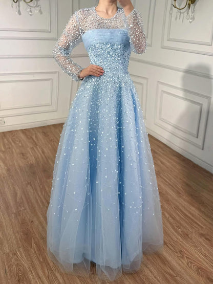 Luxury Arabic Blue O-Neck Beaded A-Line Evening Dress with Long Sleeves LA72009B