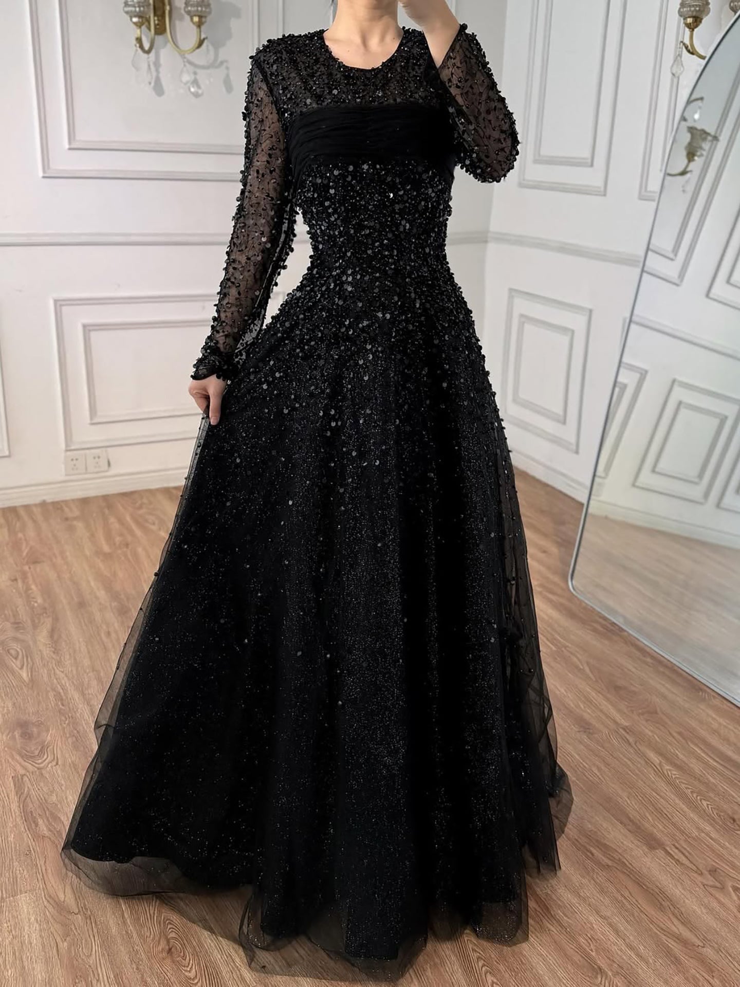 Luxury Arabic Blue O-Neck Beaded A-Line Evening Dress with Long Sleeves LA72009B