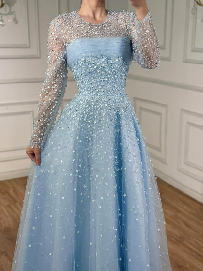 Luxury Arabic Blue O-Neck Beaded A-Line Evening Dress with Long Sleeves LA72009B