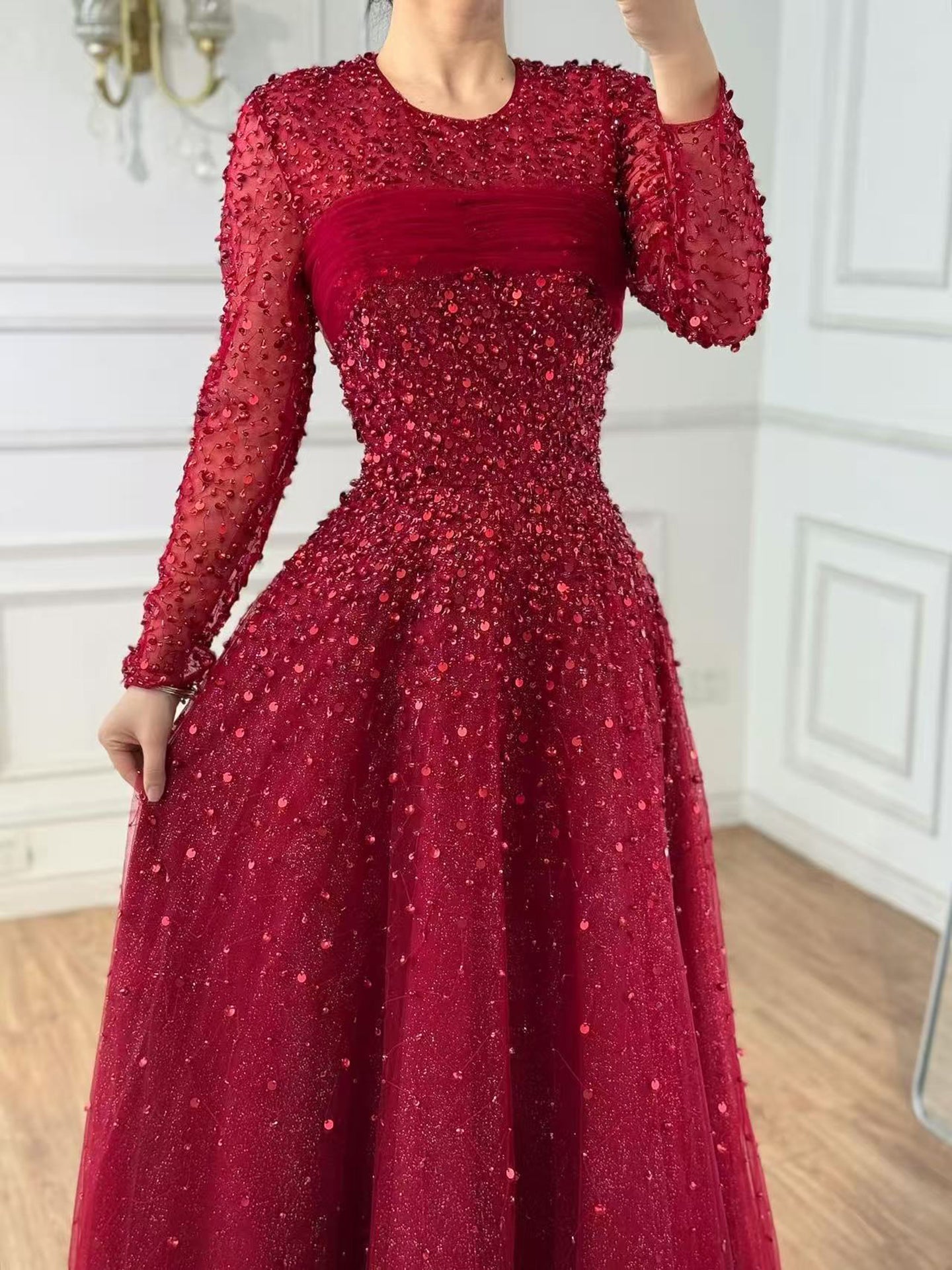 Luxury Arabic Blue O-Neck Beaded A-Line Evening Dress with Long Sleeves LA72009B