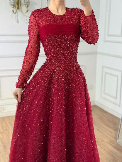 Luxury Arabic Blue O-Neck Beaded A-Line Evening Dress with Long Sleeves LA72009B