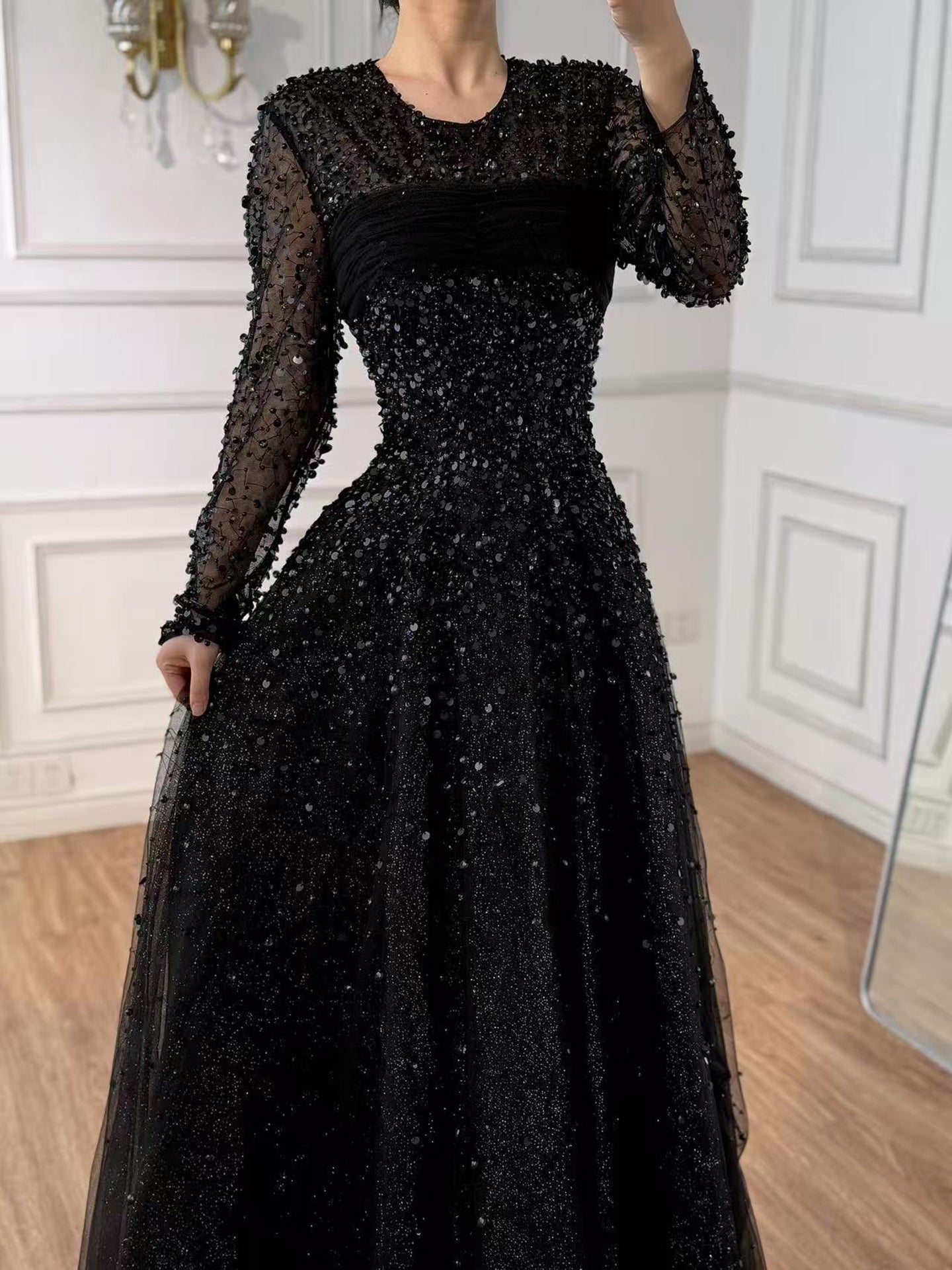 Luxury Arabic Blue O-Neck Beaded A-Line Evening Dress with Long Sleeves LA72009B