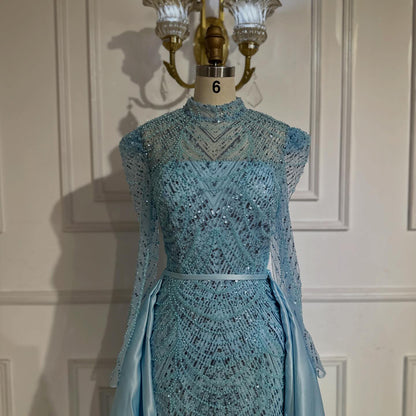 فستان سهرة فاخر من دبي باللون الأبيض بتصميم حورية البحر، مناسب للمسلمات، مع تنورة خارجية LA72032L