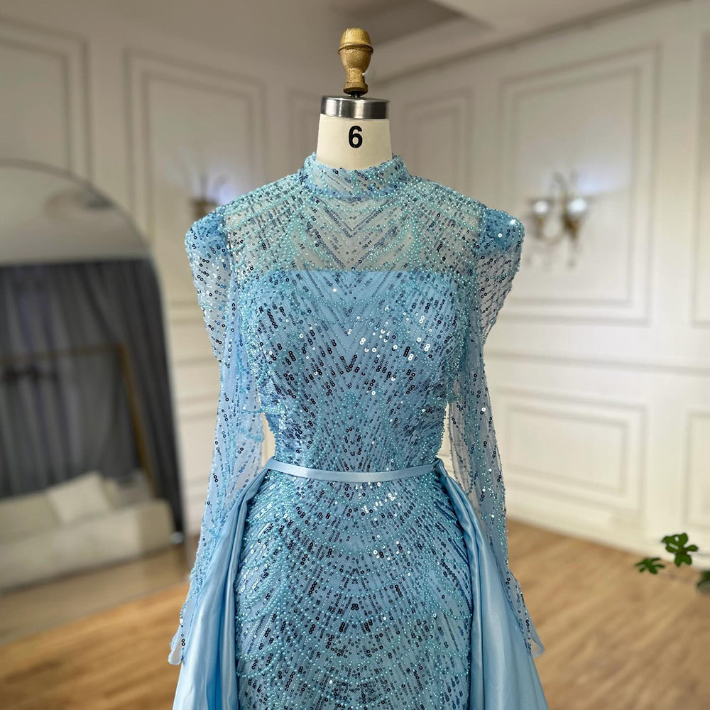 فستان سهرة فاخر من دبي باللون الأبيض بتصميم حورية البحر، مناسب للمسلمات، مع تنورة خارجية LA72032L