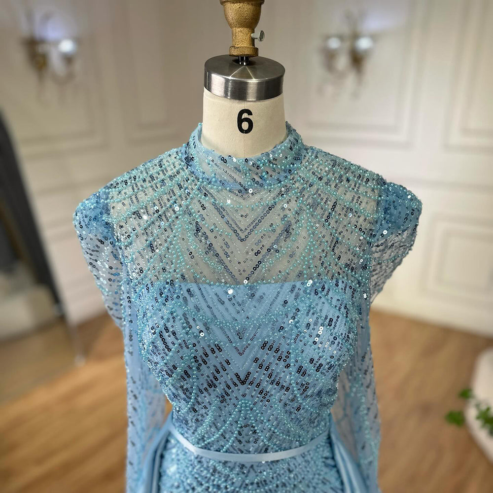 فستان سهرة فاخر من دبي باللون الأبيض بتصميم حورية البحر، مناسب للمسلمات، مع تنورة خارجية LA72032L