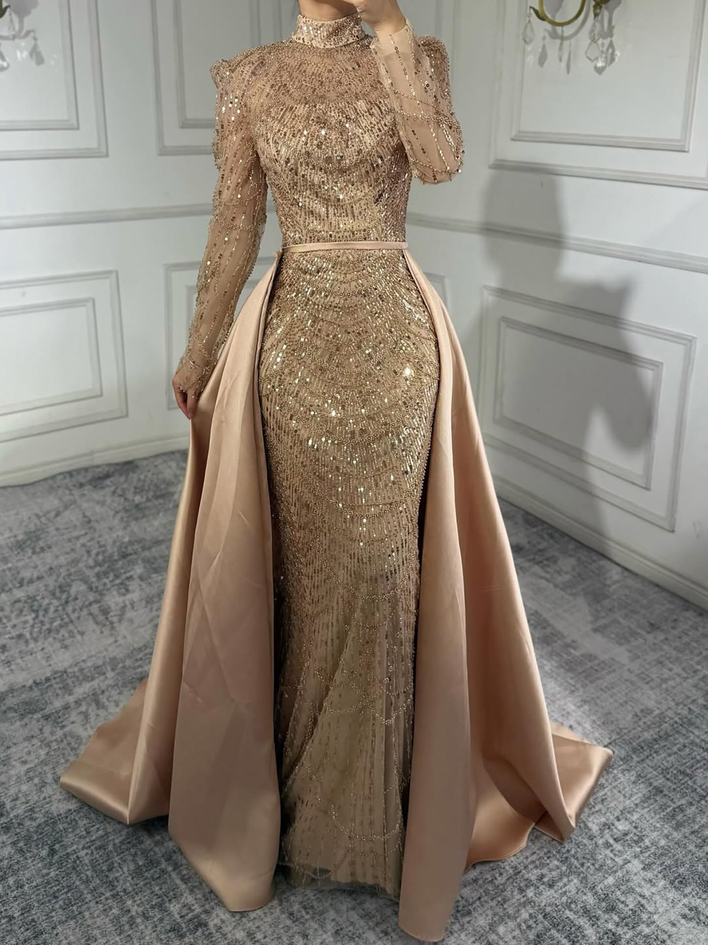 فستان سهرة فاخر من دبي باللون الأبيض بتصميم حورية البحر، مناسب للمسلمات، مع تنورة خارجية LA72032L