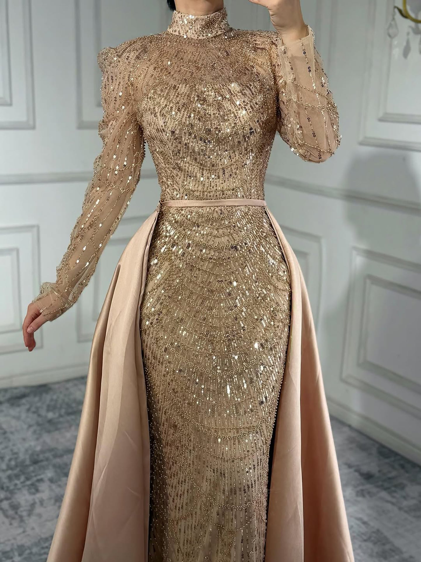 فستان سهرة فاخر من دبي باللون الأبيض بتصميم حورية البحر، مناسب للمسلمات، مع تنورة خارجية LA72032L