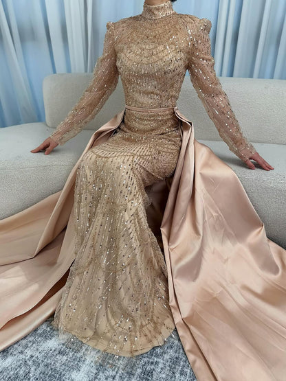 فستان سهرة فاخر من دبي باللون الأبيض بتصميم حورية البحر، مناسب للمسلمات، مع تنورة خارجية LA72032L