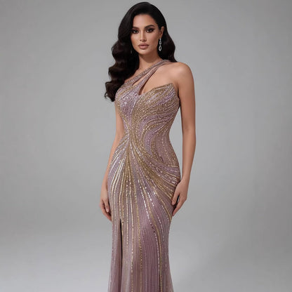 Serene Hill Dubai Luxury Pink Gold Sexy Evening Dress With Split LA72104A