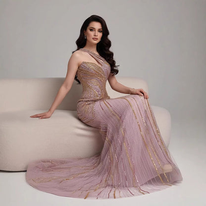 Serene Hill Dubai Luxury Pink Gold Sexy Evening Dress With Split LA72104A