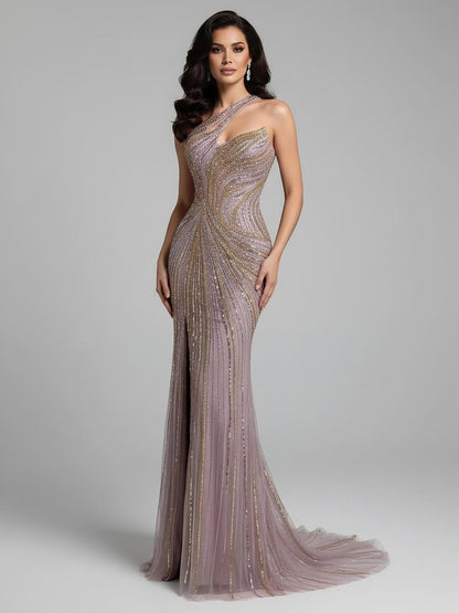 Serene Hill Dubai Luxury Pink Gold Sexy Evening Dress With Split LA72104A