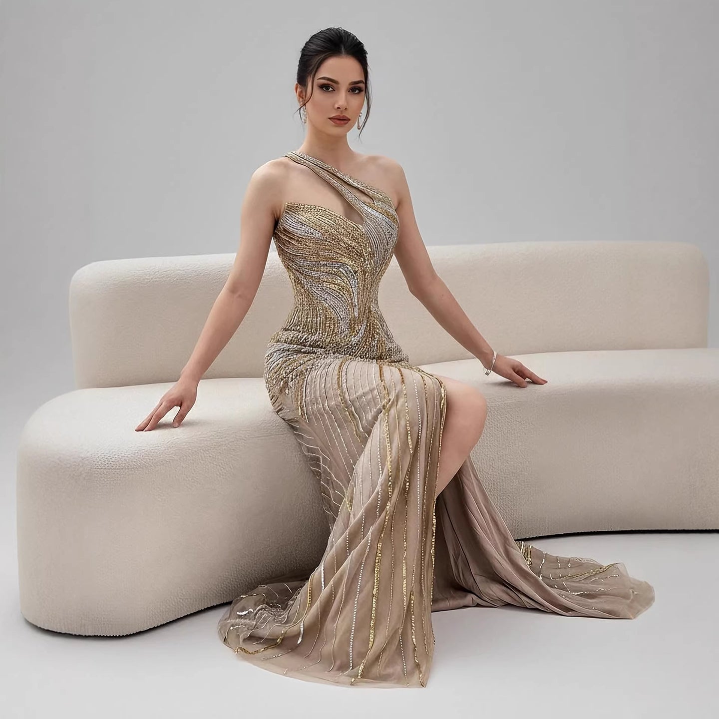 Serene Hill Dubai Luxury Pink Gold Sexy Evening Dress With Split LA72104A
