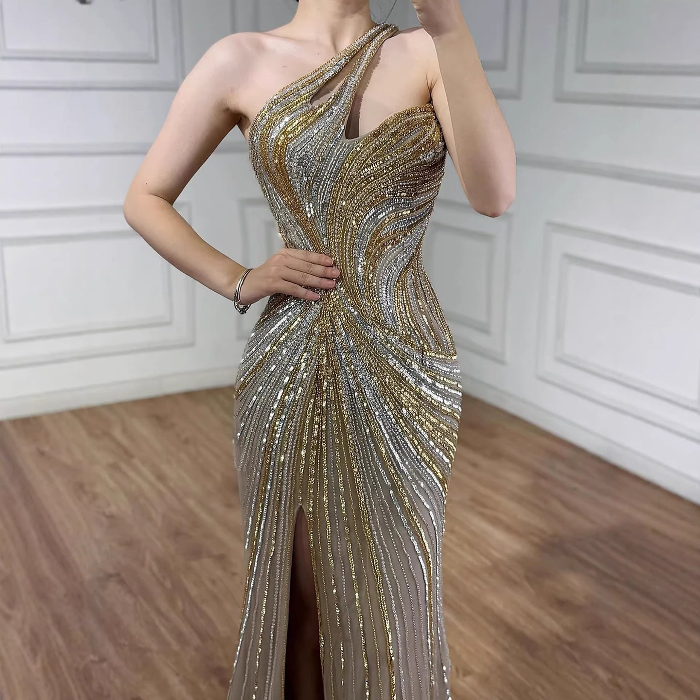 Serene Hill Dubai Luxury Pink Gold Sexy Evening Dress With Split LA72104A