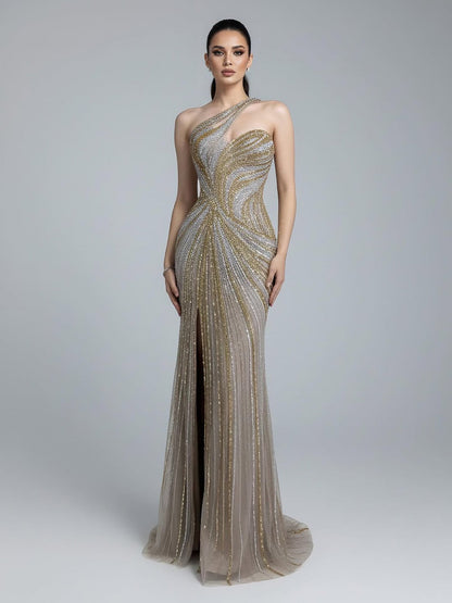 Serene Hill Dubai Luxury Pink Gold Sexy Evening Dress With Split LA72104A