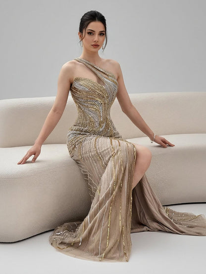 Serene Hill Dubai Luxury Pink Gold Sexy Evening Dress With Split LA72104A