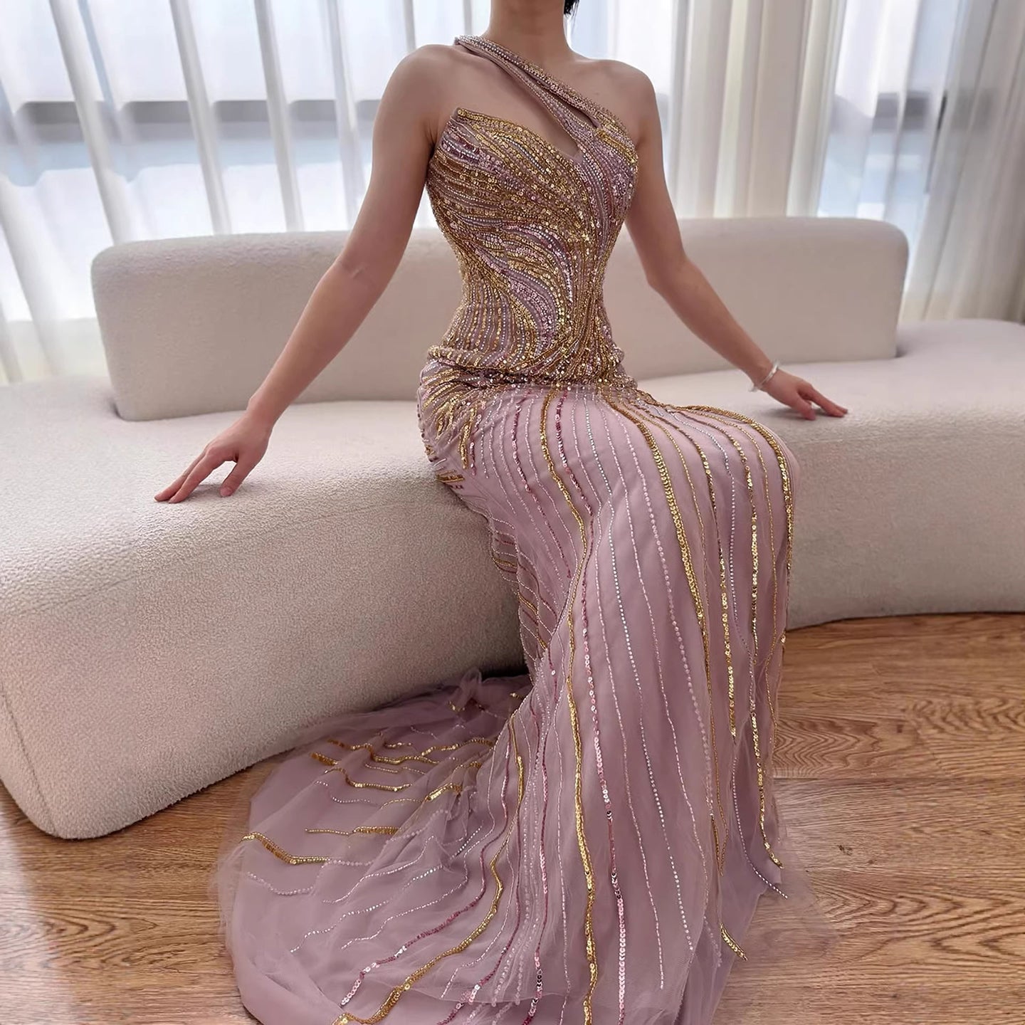 Serene Hill Dubai Luxury Pink Gold Sexy Evening Dress With Split LA72104A