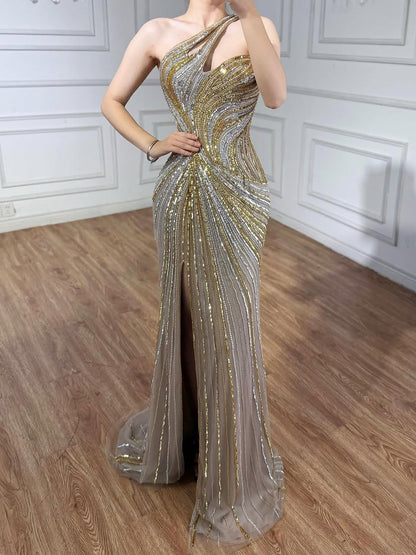 Serene Hill Dubai Luxury Pink Gold Sexy Evening Dress With Split LA72104A