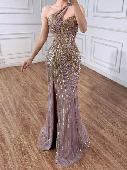 Serene Hill Dubai Luxury Pink Gold Sexy Evening Dress With Split LA72104A