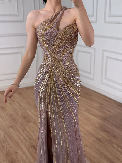 Serene Hill Dubai Luxury Pink Gold Sexy Evening Dress With Split LA72104A
