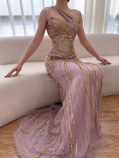 Serene Hill Dubai Luxury Pink Gold Sexy Evening Dress With Split LA72104A