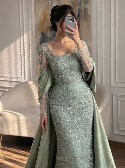 Luxury Sage Green Beaded Mermaid Evening Dress with Train LA72126C
