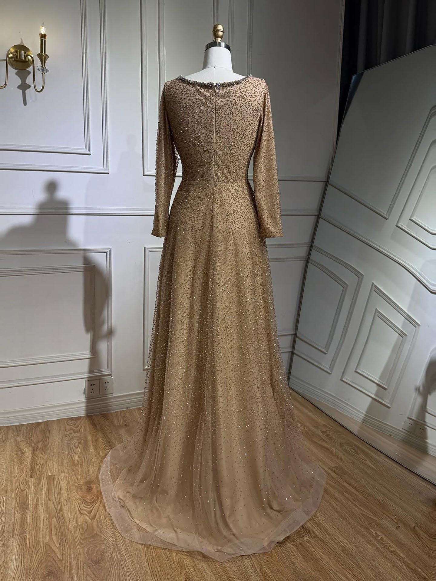 Luxury Caramel Beaded Long Sleeve A-Line Evening Dress LA72147D