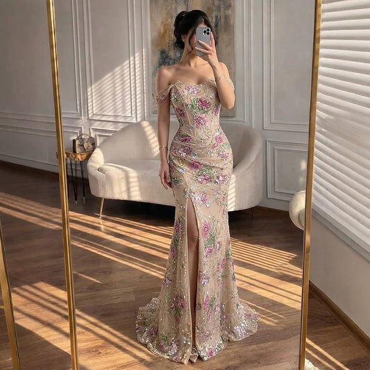Luxury Nude Pink Beaded Off Shoulder Floral Mermaid Dress LA72163A