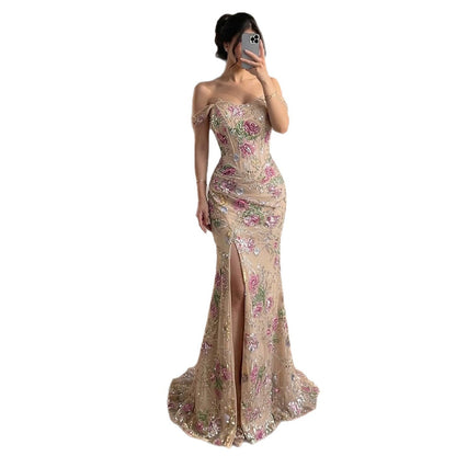Luxury Nude Pink Beaded Off Shoulder Floral Mermaid Dress LA72163A