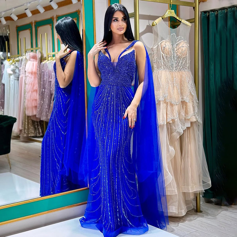 Luxury Royal Blue Mermaid Evening Dress with Cape LA72198