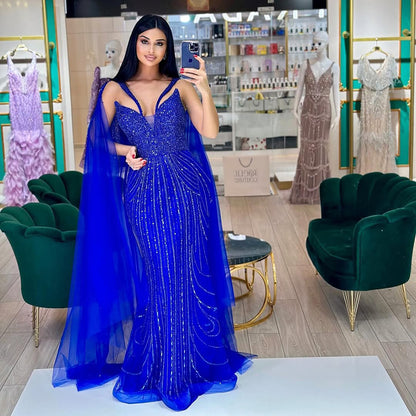 Luxury Royal Blue Mermaid Evening Dress with Cape LA72198