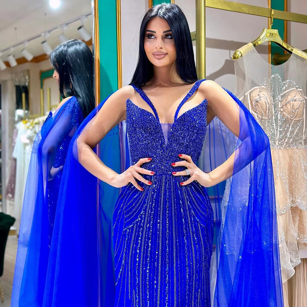 Luxury Royal Blue Mermaid Evening Dress with Cape LA72198