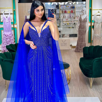 Luxury Royal Blue Mermaid Evening Dress with Cape LA72198