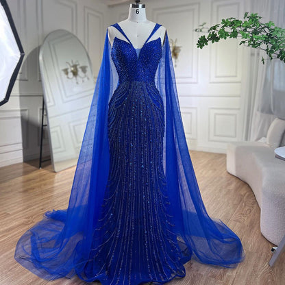 Luxury Royal Blue Mermaid Evening Dress with Cape LA72198