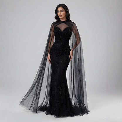 Luxury Caramel Beaded Mermaid Evening Dress with Cape Sleeves LA72233B