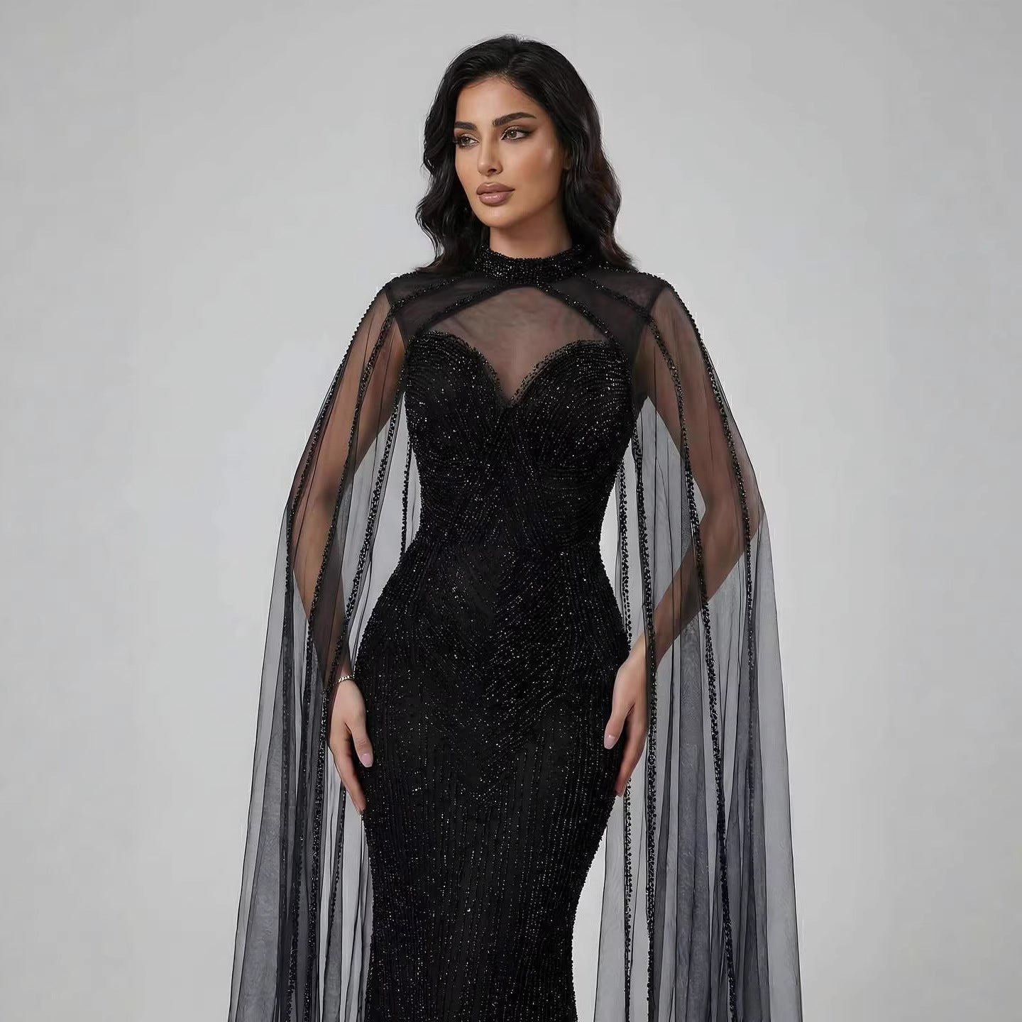 Luxury Caramel Beaded Mermaid Evening Dress with Cape Sleeves LA72233B