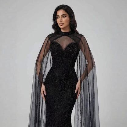 Luxury Caramel Beaded Mermaid Evening Dress with Cape Sleeves LA72233B