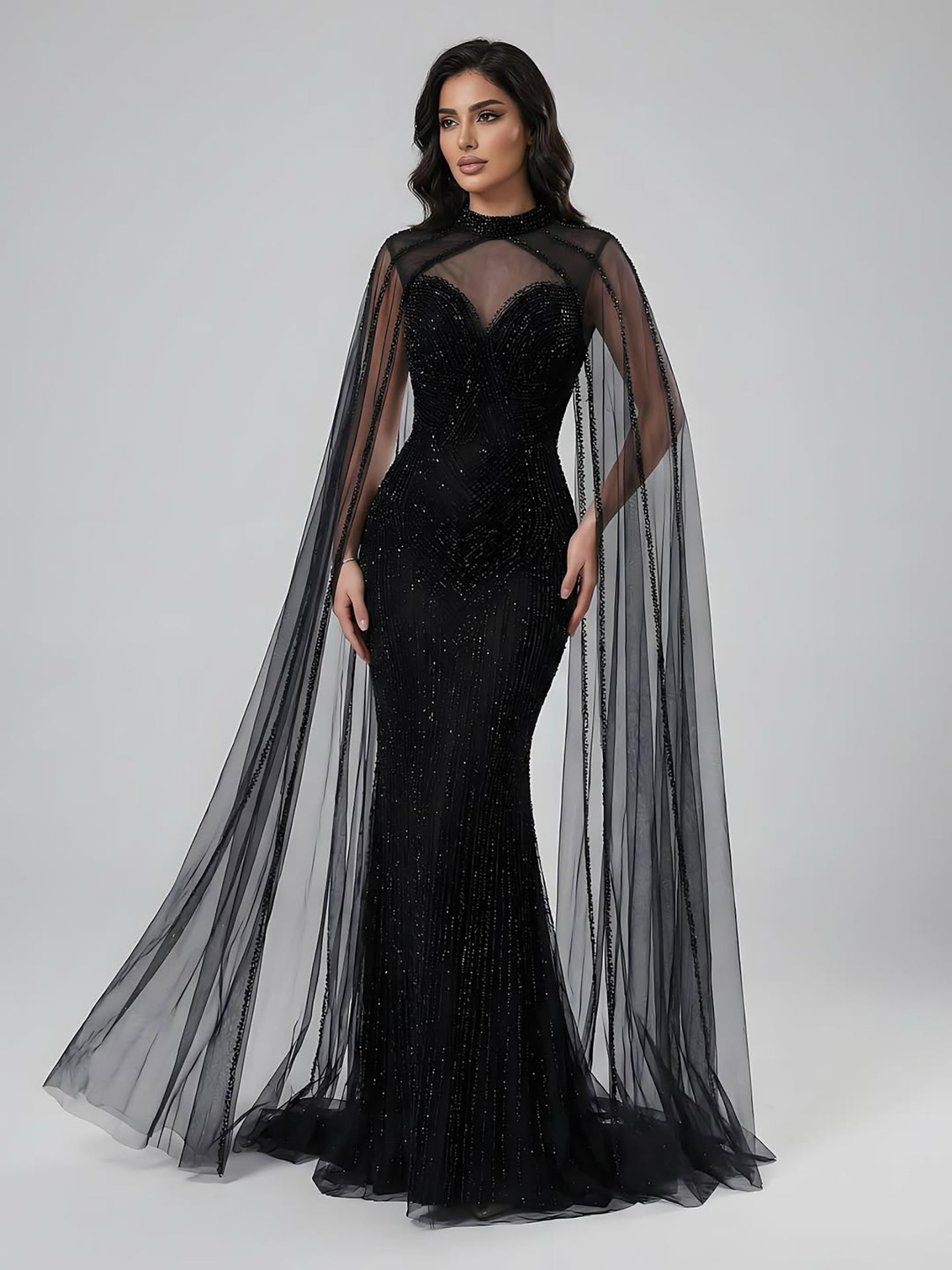 Luxury Caramel Beaded Mermaid Evening Dress with Cape Sleeves LA72233B